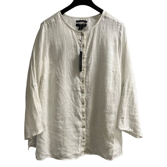 Tahari Top Women 1X White Linen Button Down Tunic Beach Lagenlook Coastal Casual - Picture 1 of 8